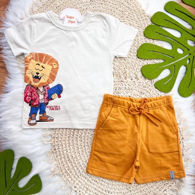 Conj. Camiseta Ready for a Fun Day e Bermuda - Areia e Mostarda